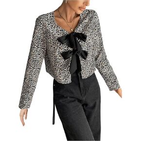 SHENHE Women's Y2k Leopard Print Bow Tie Front Crop Blouse Top Long Sleeve V Neck Shirts