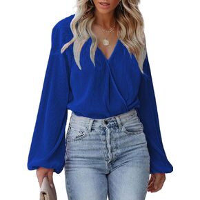 CUPSHE Women Surplice Neck Top Blouse with Long Peasant Sleeve