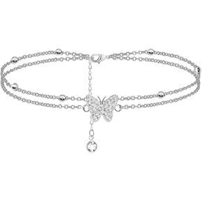 14K Butterfly Silver - Adjustable Layered - Jewelry Anklet Gifts for Women Teen Girls