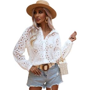 Verdusa Women's Long Sleeve Collar Floral Eyelet Embroidery Button Front Semi Sheer Blouse Shirt