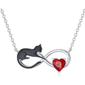 Natural Garnet Black Cat Necklace for Women 925 Sterling Silver Infinity and Cat Pendant Black Cat Jewelry Gifts for Cat Lovers