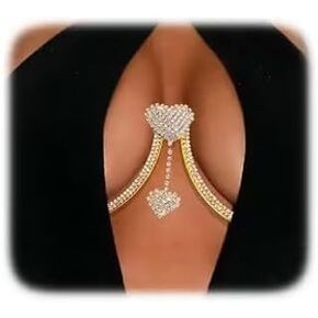 Rhinestone Chest Bracket Chain Trendy Crystal Heart Pendant Bra Chain Sexy Bikini Body Chain Jewelry for Women