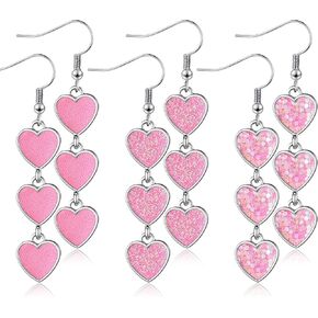 Hicarer 3 Pairs Interlocking Heart Dangle Earrings Heart Earrings with 3 Hearts for Women Valentine Gift