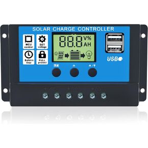 Solar Charge Controller USB 12V / 24V Auto 10A Solar Panel Battery Controller 10Amp PWM Solar Regulator with Dual USB LCD fit for Small Solar System
