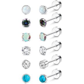 Fansilver Titanium Earrings for Women Men Surgical Steel Stud Earrings Opal Turquoise Cubic Zirconia Screw Back Earrings 20G Cartilage Piercing Nap Earrings Hypoallergenic Flatback Stud Earrings for Sensitive Ears