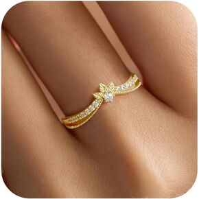 Cubic Zirconia Leaf Rings for Women 925 Sterling Silver 14K Gold Dainty Layered Crown Bands Statement Stackable Rings for Women Promise Rings Jewelry Birthday Christmas Gifts for Mom