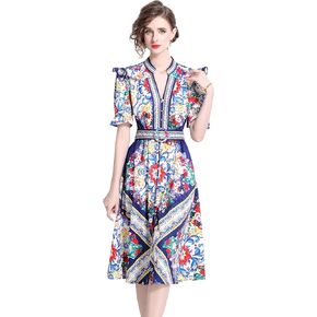LAI MENG FIVE CATS Women's Button Up V-Neck Short Puff Sleeve Floral Print Split Casual Midi Dress