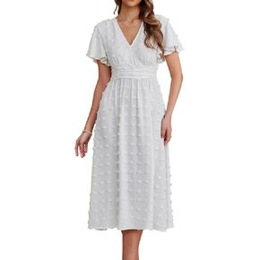 GLNEGE Women's 2024 Summer Boho Swiss Dot Midi Dresses Wrap V Neck Flutter Short Sleeve Smocked Flowy Casual Dress