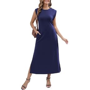 Womens Summer Maxi Dresses Casual Sleeveless Sundress Crew Neck Loose Split Beach Long Dress with Pockets