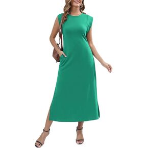 فساتين نسائية صيفية طويلة كاجوال بدون أكمام فستان صيفي برقبة دائرية وفضفاضة للشاطئ فستان طويل مع جيوب in Kuwait