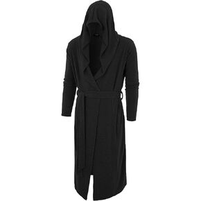 GIVON Longline Hooded Cardigan Ruffle Shawl Collar Open Front Long Sleeve Drape Cape Overcoat with Pockets & Tie Waist