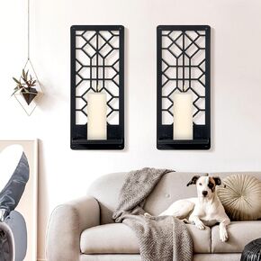 2 Pcs Black Metal Wall Art Bathroom Decor Candle Holder Wall Art Retro Line Wall Decor Living Room Minimalist Metal Wall-Mount Candle Sconces for Dining Room Bedroom Kitchen (Black-Retro)