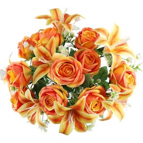 Grave Flowers for Cemetery 2 Bunches Lily & Rose Mixed Cemetery Flowers for Grave-Orangish Yellow Silk Memorial Artificial Flowers for Headstones Gravesite Graveyard Grave Vase Decorations
