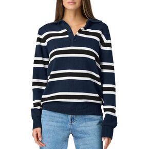 Saodimallsu Women's Striped Collared Sweaters Polo V Neck Button Up Rugby Shirts Long Sleeve Knit Jumper Tops