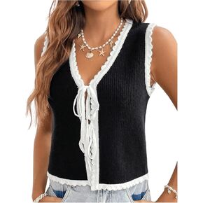 Verdusa Women's Bow Tie Knot Sweater Vest Sleeveless Knit Tops with Scalloped Edge