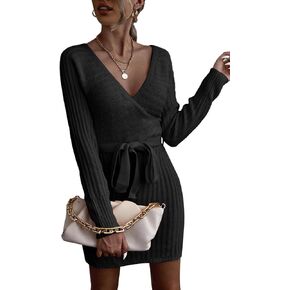 Womens Fall Casual Ladies Dressy Ribbed Knit Sexy V Neck Open Back Bow Tie Wrap Gown Mini Sweater Dress 2024