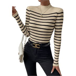 MakeMeChic Women's Casual Rib Knit Striped Mock Neck Long Sleeve Pullovers Tops Slim Fitted Sweaters
