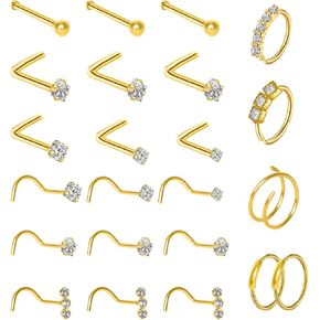 23Pcs Gold Nose Rings for Women 18G Nose Rings Hoop 20G Nose Piercing Jewelry Set Stainless Steel Nose Studs Sets L Shape Corkscrew Straight Nose Studs Screw Body Real Piercing Jewelry for Men in Kuwait