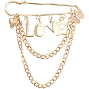 Valentine's Day Gift Dainty Love Heart with"LOVE" Brooch Pin Gold Long Chain Tassel Lapel Pin Women Men Coat Suit Sweater Pin Fashion Collar Pin Breastpin Jewelry