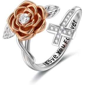 LONAGO Rose Flower Cross Ring 925 Sterling Silver I Love You Forever Adjustable Size Ring Religious Crucifix Jewelry Gift for Women