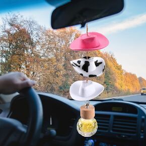 Mini Western Cowboy Hat Car Charm Rear View Mirror Hanging Accessories Empty Diffuser Perfume Glass Bottle Country Cowgirl Felt Hat Ornament for Women Gift(Classic Style,Brown White and Black)