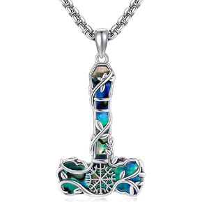 Thors Hammer Necklace 925 Sterling Silver Abalone Shell Nordic Mjolnir Amulet Pendant Necklace Viking Jewelry for Men