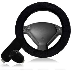 ZONETECH Fluffy Sheepskin Steering Wheel Handbrake and Gear Shift Cover- Winter Warm Plush Stretch on Vehicle Faux Sheepskin Black Comfortable Steering Wheel Handbrake & Gear Shift Cover Protector