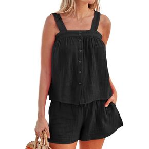 Women's Button Down Cami Pajamas Set Summer Cotton 2 Piece Shorts Set Beach Vacataion Outfits With Pocket