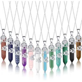 Sureio 12 Pcs christmas Healing Crystal Necklace Hexagonal Healing Crystal Flower Wrapped Crystal Point Pendant Necklace Natural Quartz Point Necklace with Chain gift for christmas Women