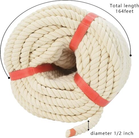 1/2 Inch x 164 Feet Natural Twisted Cotton Rope Strong Thick Soft Rope for Sports Tug of War, Decor Crafts, Landscaping, Railings, Hammock, Home Decorating,Camping, Wedding Rope in Saudi Arabia