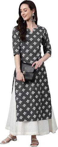 Janasya Indian Women's Black Cotton Floral Print Straight Kurta For Women in Saudi Arabia