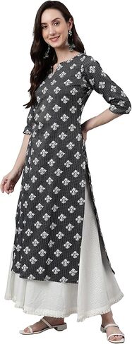 Janasya Indian Women's Black Cotton Floral Print Straight Kurta For Women in Saudi Arabia