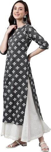 Janasya Indian Women's Black Cotton Floral Print Straight Kurta For Women in Saudi Arabia