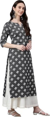 Janasya Indian Women's Black Cotton Floral Print Straight Kurta For Women in Saudi Arabia