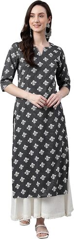 Janasya Indian Women's Black Cotton Floral Print Straight Kurta For Women in Saudi Arabia