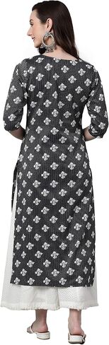 Janasya Indian Women's Black Cotton Floral Print Straight Kurta For Women in Saudi Arabia