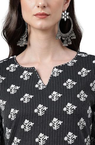 Janasya Indian Women's Black Cotton Floral Print Straight Kurta For Women in Saudi Arabia