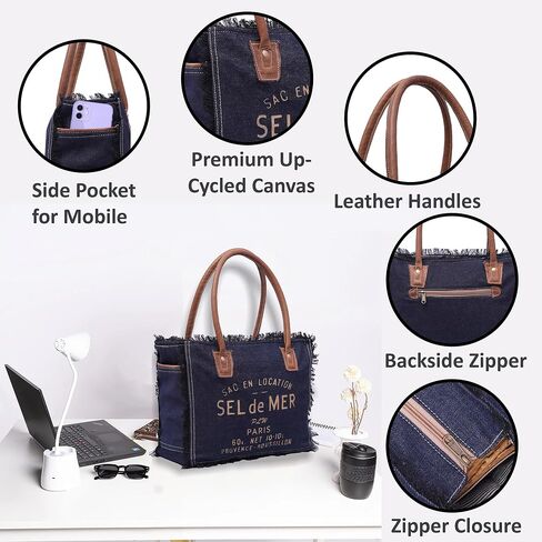 Sel De Mer Upcycled Large Upcycled Canvas Crossbody Bag & Cowhide Tote Bag, Cowhide Leather Handbag Bag for Women in Saudi Arabia