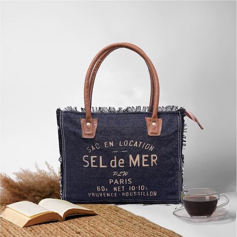Sel De Mer Upcycled Large Upcycled Canvas Crossbody Bag & Cowhide Tote Bag, Cowhide Leather Handbag Bag for Women in Saudi Arabia