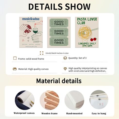 Vintage Trendy Green Canvas Wall Art Set of 3 - Good Times Ticket Posters Prints Funny Pasta Lover Club Decor Picture Trendy Music Wine Painting Home Decor for Living Room Dining Room 12×16 In Framed in Saudi Arabia