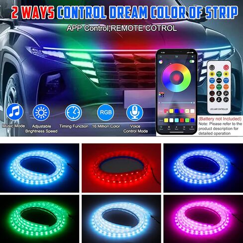 شريط إضاءة لغطاء السيارة بلون الأحلام 70 بوصة مع تطبيق لاسلكي وجهاز تحكم عن بعد 12 فولت، بدء المسح الديناميكي المرن، غطاء LED مرن، شريط DRL مقاوم للماء للسيارات والشاحنات وسيارات الدفع الرباعي (لون الحلم) in Kuwait
