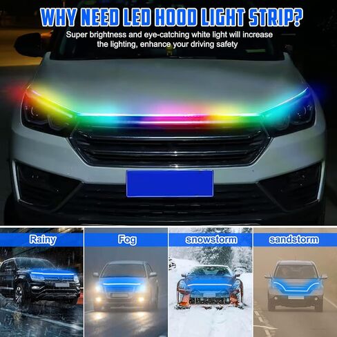 شريط إضاءة لغطاء السيارة بلون الأحلام 70 بوصة مع تطبيق لاسلكي وجهاز تحكم عن بعد 12 فولت، بدء المسح الديناميكي المرن، غطاء LED مرن، شريط DRL مقاوم للماء للسيارات والشاحنات وسيارات الدفع الرباعي (لون الحلم) in Kuwait