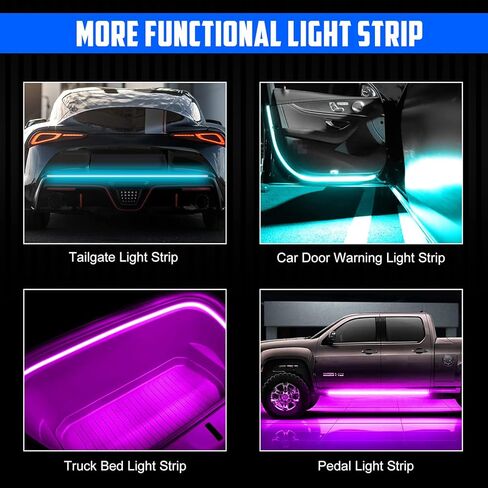 شريط إضاءة لغطاء السيارة بلون الأحلام 70 بوصة مع تطبيق لاسلكي وجهاز تحكم عن بعد 12 فولت، بدء المسح الديناميكي المرن، غطاء LED مرن، شريط DRL مقاوم للماء للسيارات والشاحنات وسيارات الدفع الرباعي (لون الحلم) in Kuwait
