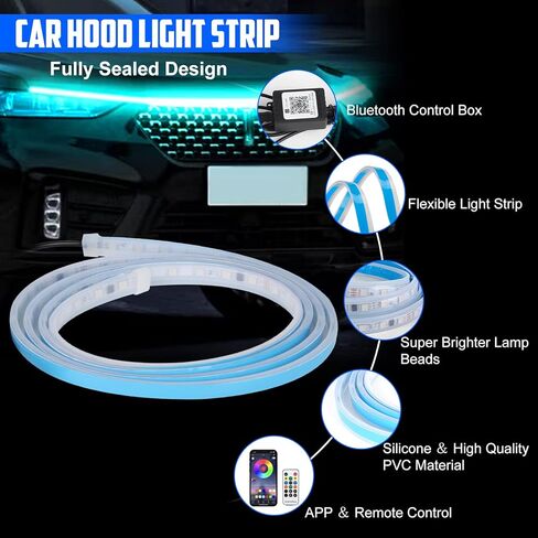 شريط إضاءة لغطاء السيارة بلون الأحلام 70 بوصة مع تطبيق لاسلكي وجهاز تحكم عن بعد 12 فولت، بدء المسح الديناميكي المرن، غطاء LED مرن، شريط DRL مقاوم للماء للسيارات والشاحنات وسيارات الدفع الرباعي (لون الحلم) in Kuwait