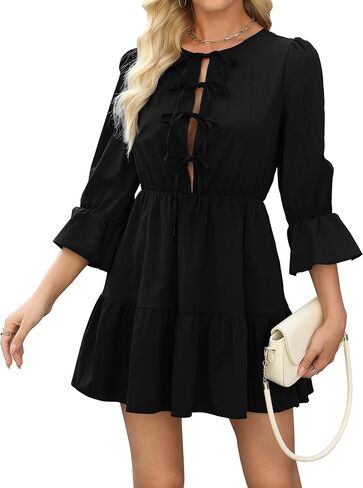 Womens Dresses Long Sleeve Self Tie Front Pleated Tunic Dress Loose Flowy Swing Shift Dress in Saudi Arabia