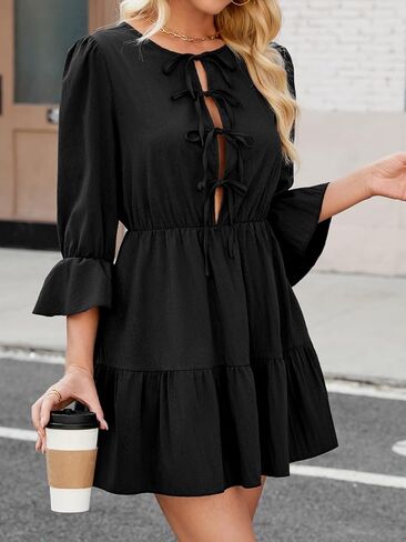 Womens Dresses Long Sleeve Self Tie Front Pleated Tunic Dress Loose Flowy Swing Shift Dress in Saudi Arabia
