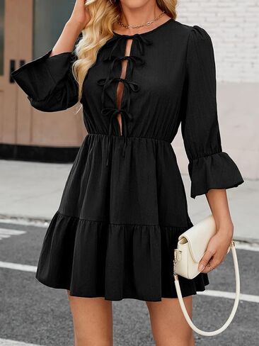 Womens Dresses Long Sleeve Self Tie Front Pleated Tunic Dress Loose Flowy Swing Shift Dress in Saudi Arabia