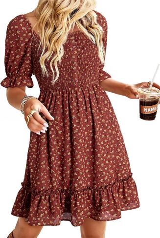 Dokotoo Womens Casual Summer Dresses Short Sleeve Square Neck Smocked Boho Floral Sundress Flowy A-Line Mini Dress in Kuwait