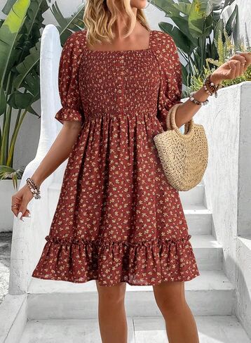 Dokotoo Womens Casual Summer Dresses Short Sleeve Square Neck Smocked Boho Floral Sundress Flowy A-Line Mini Dress in Kuwait