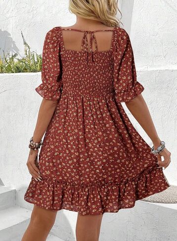 Dokotoo Womens Casual Summer Dresses Short Sleeve Square Neck Smocked Boho Floral Sundress Flowy A-Line Mini Dress in Kuwait